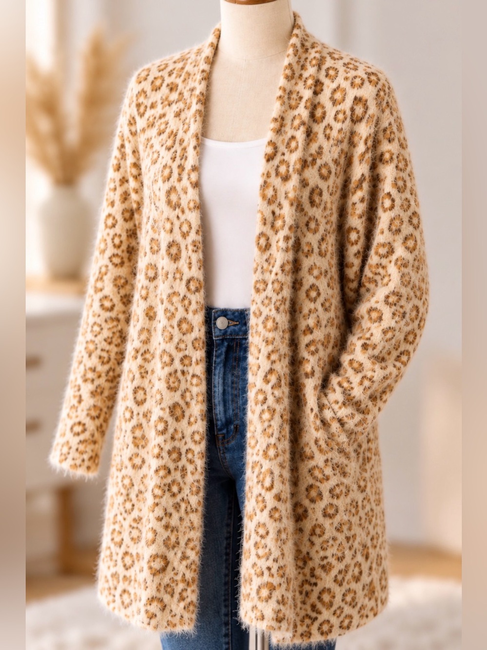 Peyton Primrose Eyelash Leopard Cardigan Duster Fuzzy Open Front S/M